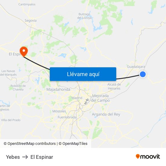 Yebes to El Espinar map