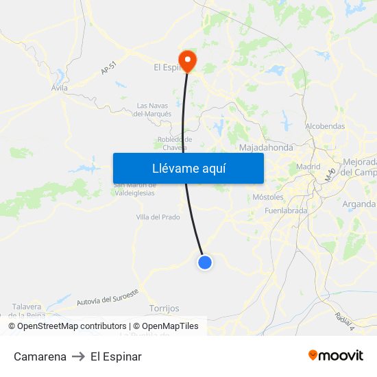 Camarena to El Espinar map