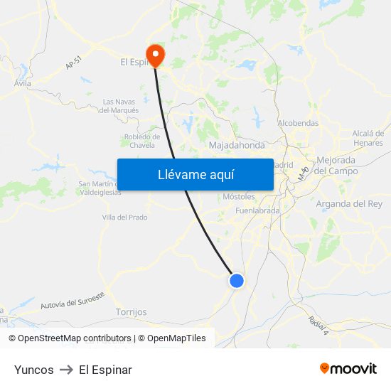 Yuncos to El Espinar map