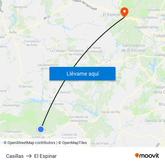 Casillas to El Espinar map