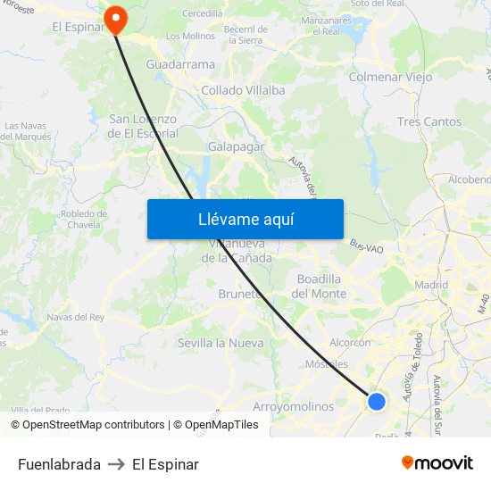Fuenlabrada to El Espinar map