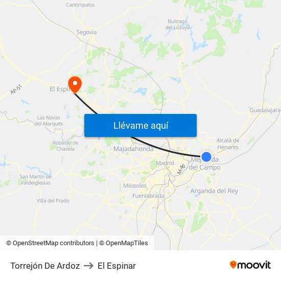 Torrejón De Ardoz to El Espinar map