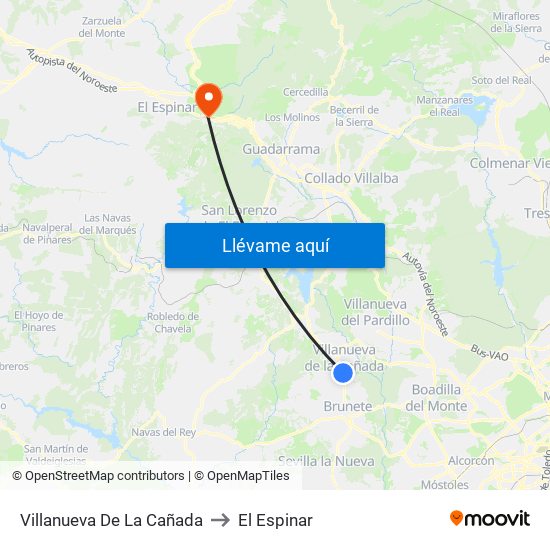 Villanueva De La Cañada to El Espinar map