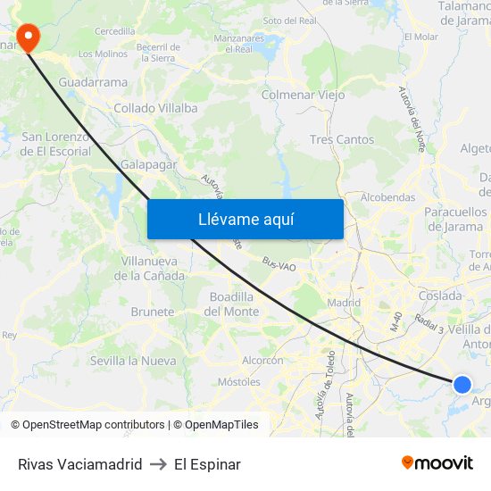 Rivas Vaciamadrid to El Espinar map