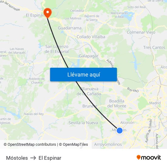Móstoles to El Espinar map