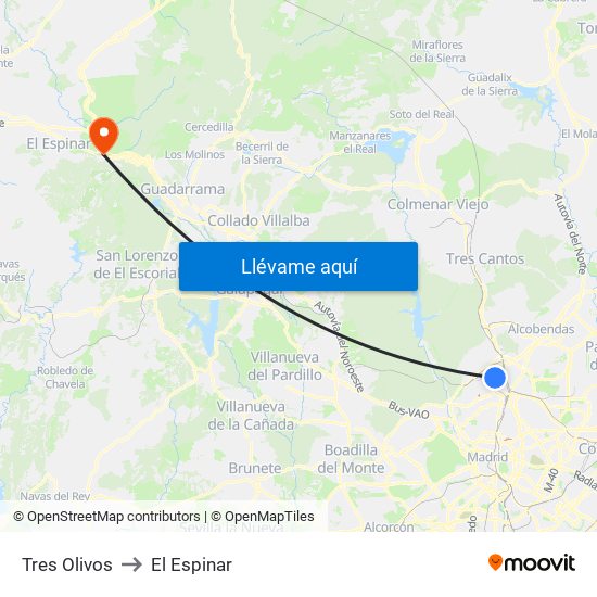 Tres Olivos to El Espinar map