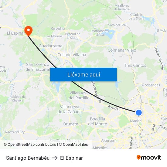 Santiago Bernabéu to El Espinar map