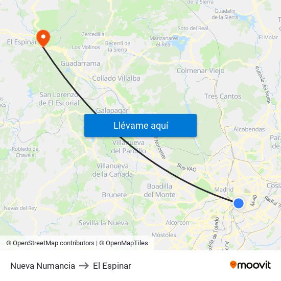 Nueva Numancia to El Espinar map