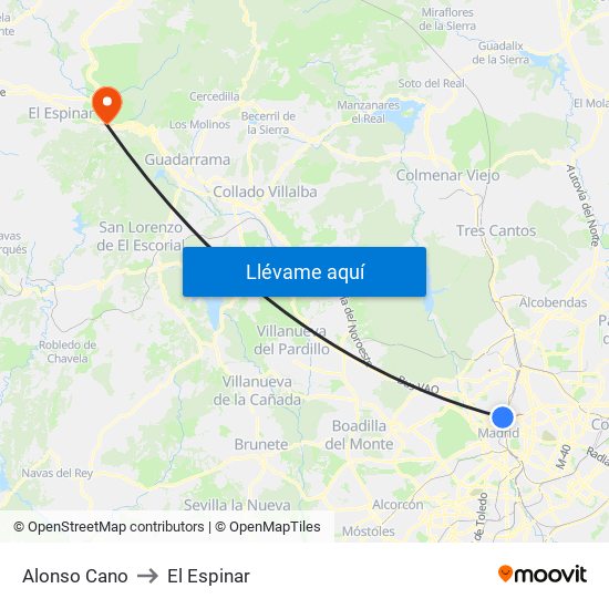 Alonso Cano to El Espinar map