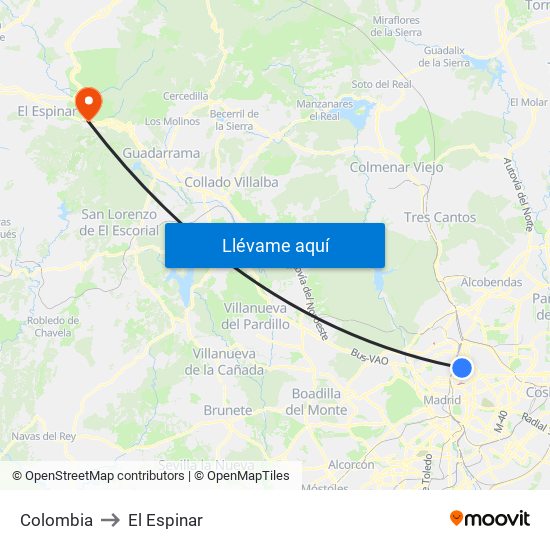 Colombia to El Espinar map