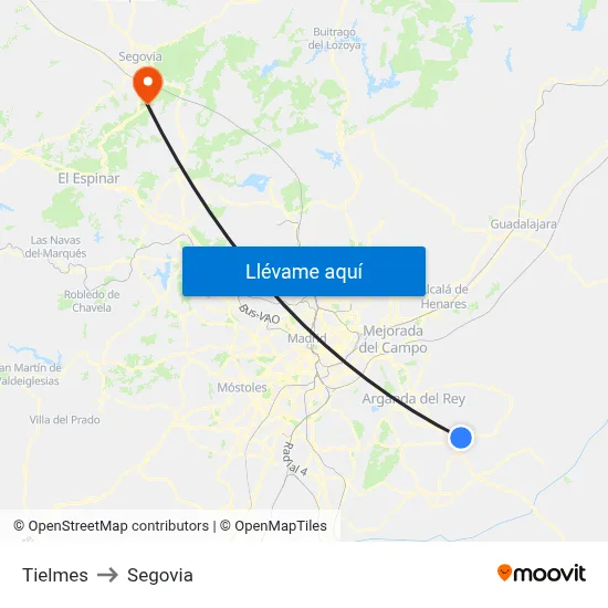 Tielmes to Segovia map
