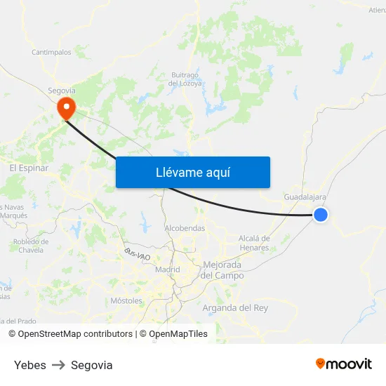 Yebes to Segovia map