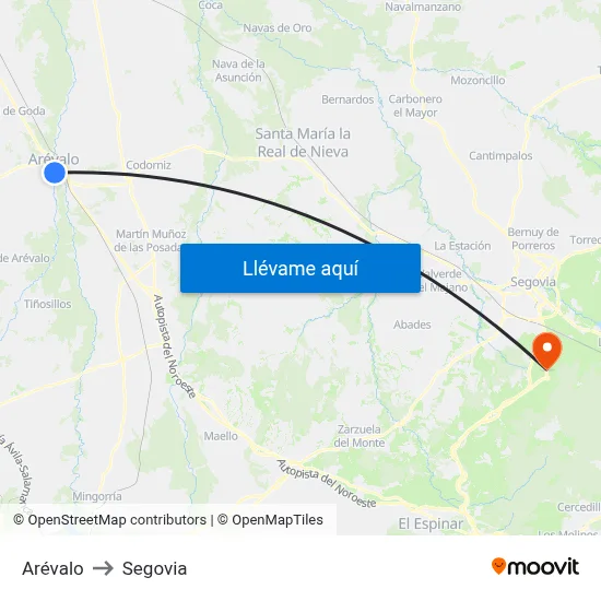 Arévalo to Segovia map