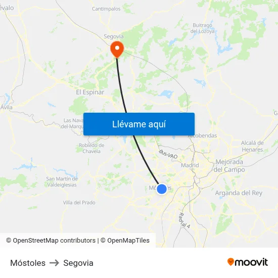 Móstoles to Segovia map