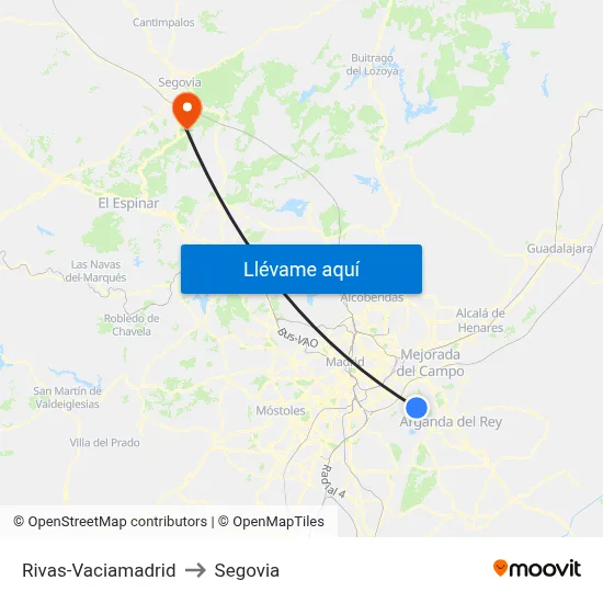 Rivas-Vaciamadrid to Segovia map