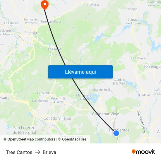 Tres Cantos to Brieva map
