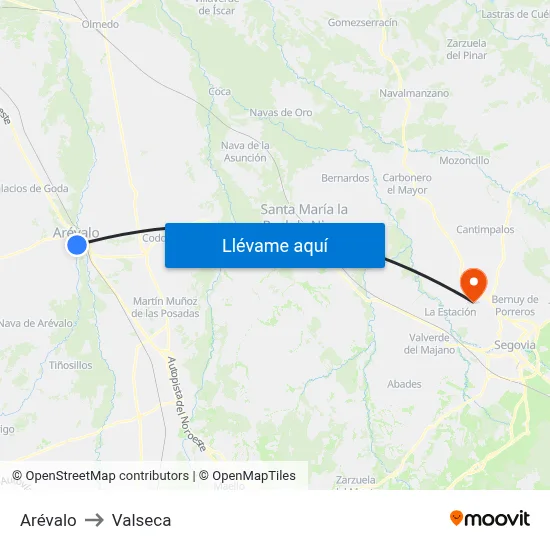 Arévalo to Valseca map