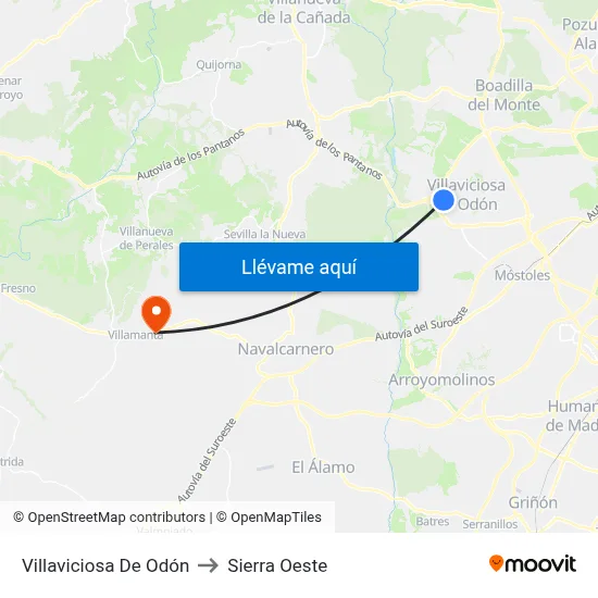 Villaviciosa De Odón to Sierra Oeste map