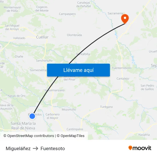 Migueláñez to Fuentesoto map
