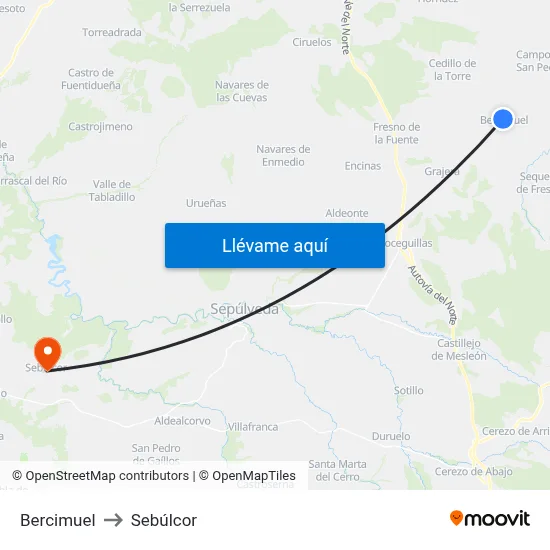 Bercimuel to Sebúlcor map
