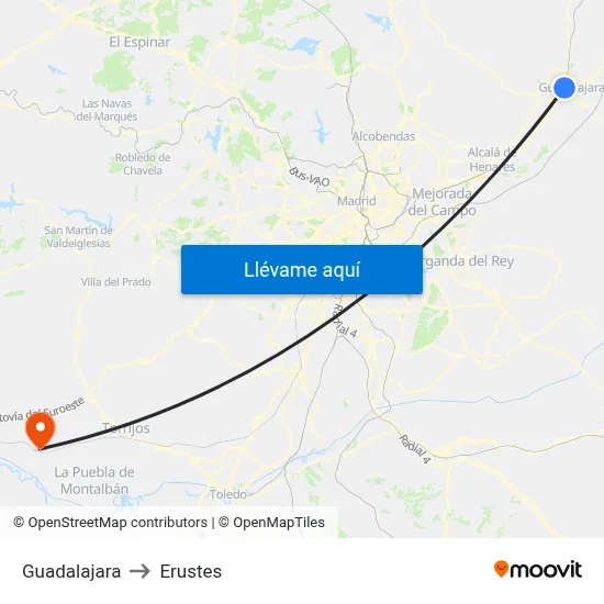 Guadalajara to Erustes map