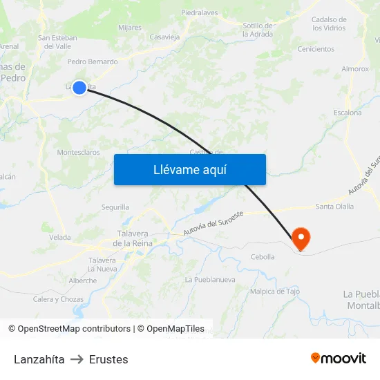Lanzahíta to Erustes map