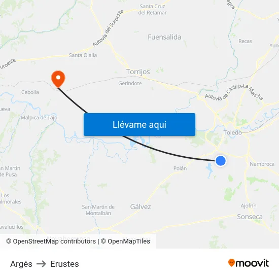 Argés to Erustes map