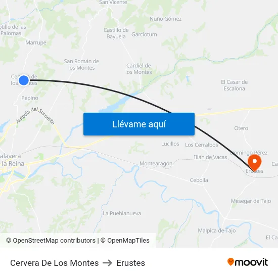 Cervera De Los Montes to Erustes map