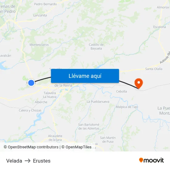 Velada to Erustes map