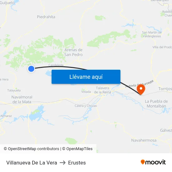 Villanueva De La Vera to Erustes map
