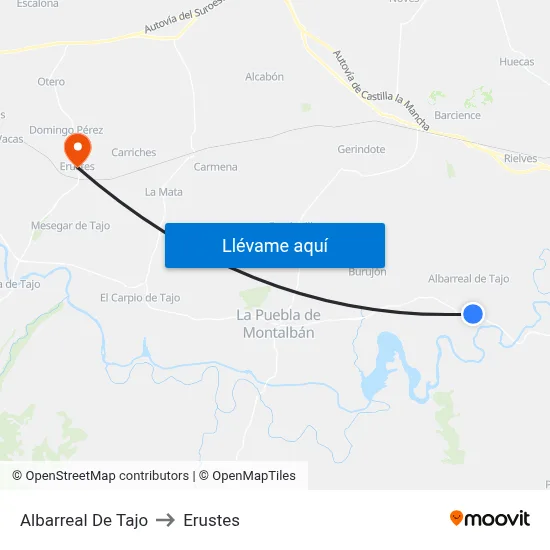 Albarreal De Tajo to Erustes map