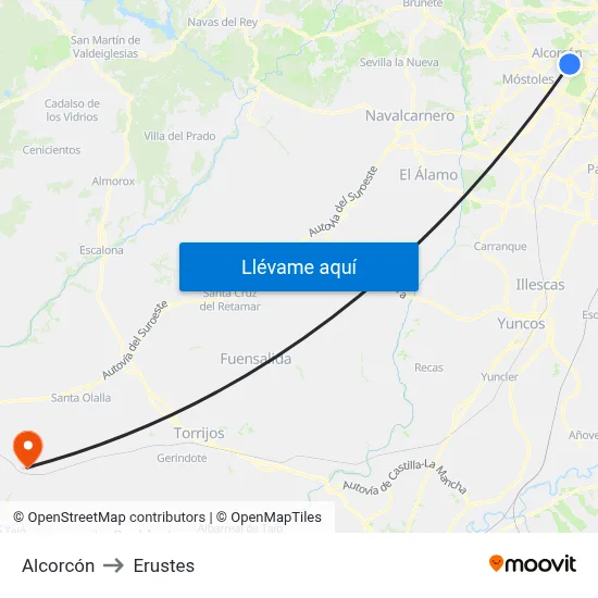 Alcorcón to Erustes map