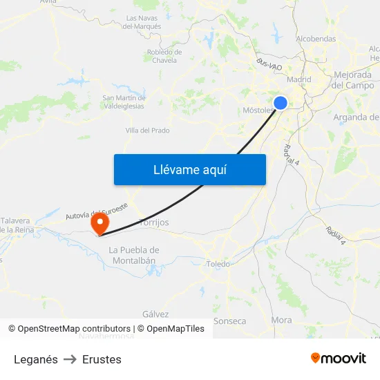 Leganés to Erustes map