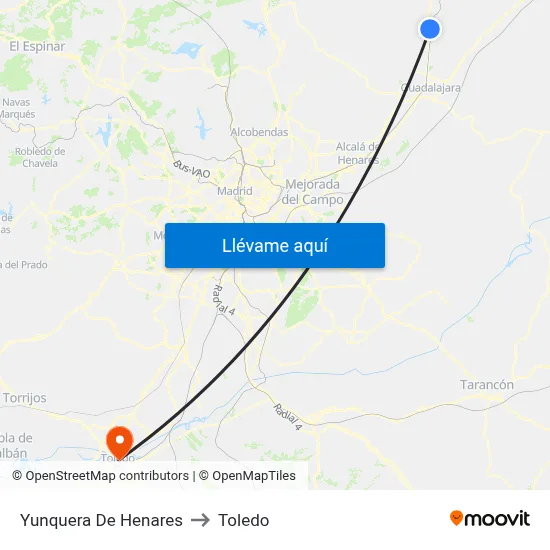 Yunquera De Henares to Toledo map