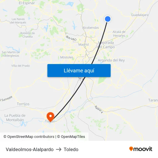 Valdeolmos-Alalpardo to Toledo map