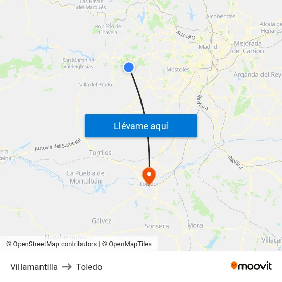 Villamantilla to Toledo map