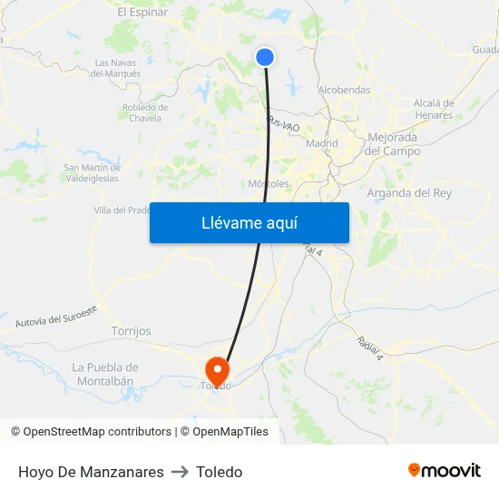 Hoyo De Manzanares to Toledo map