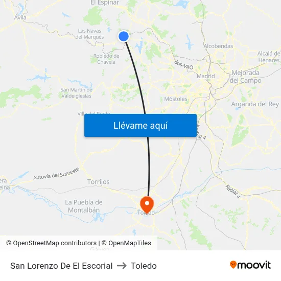 San Lorenzo De El Escorial to Toledo map