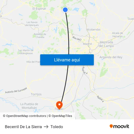 Becerril De La Sierra to Toledo map