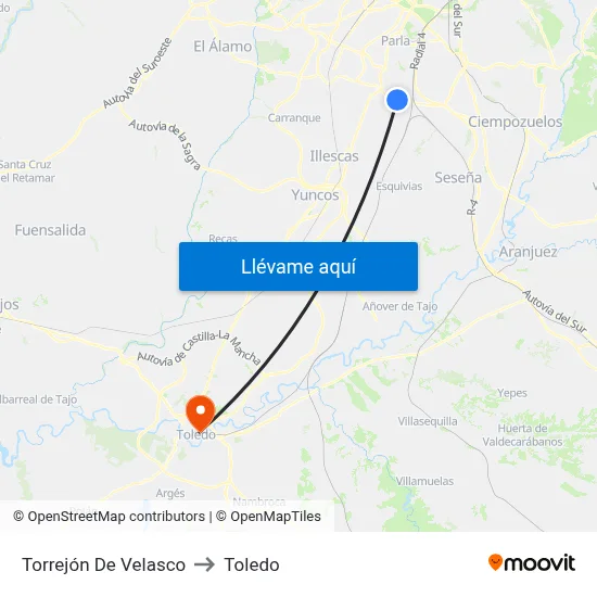 Torrejón De Velasco to Toledo map