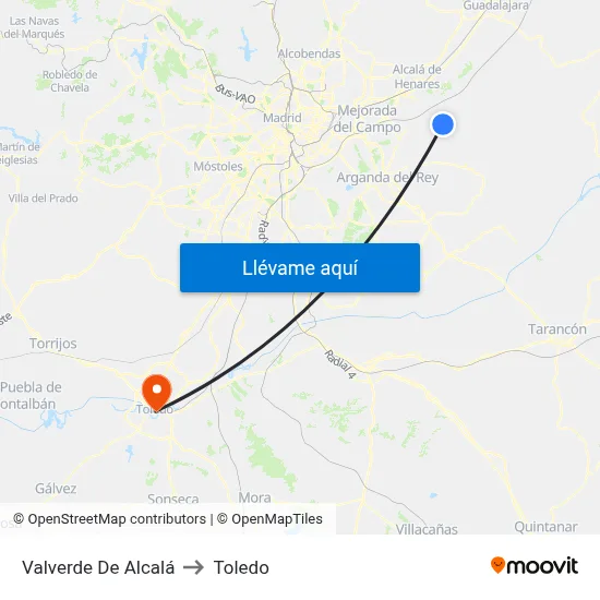 Valverde De Alcalá to Toledo map