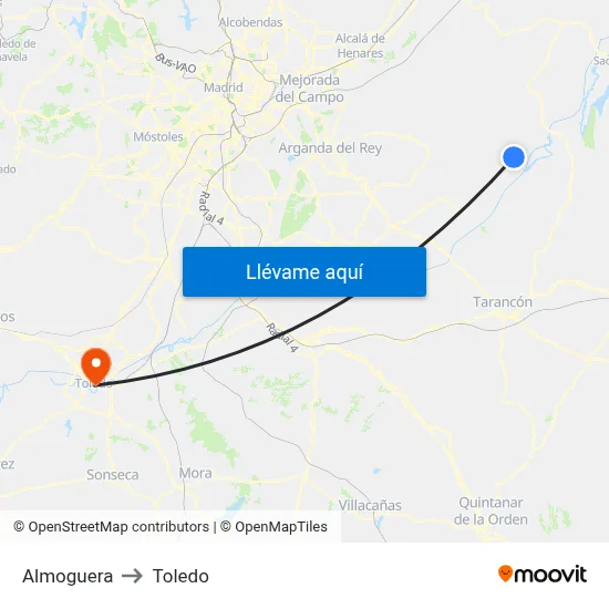 Almoguera to Toledo map