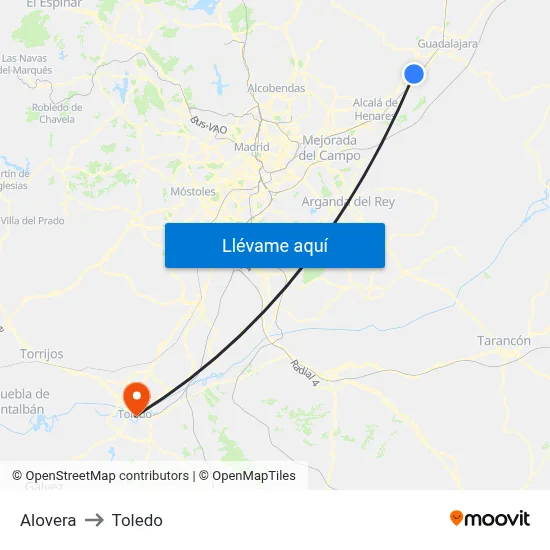 Alovera to Toledo map