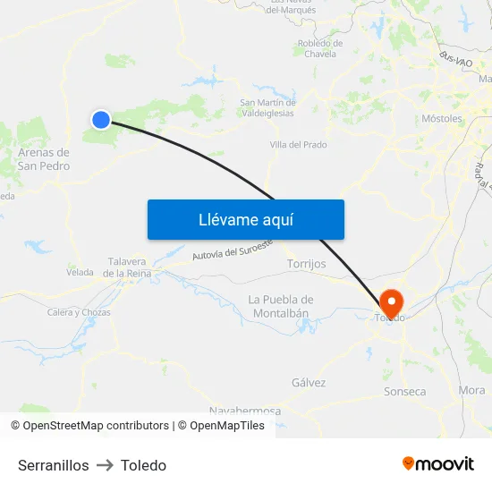 Serranillos to Toledo map