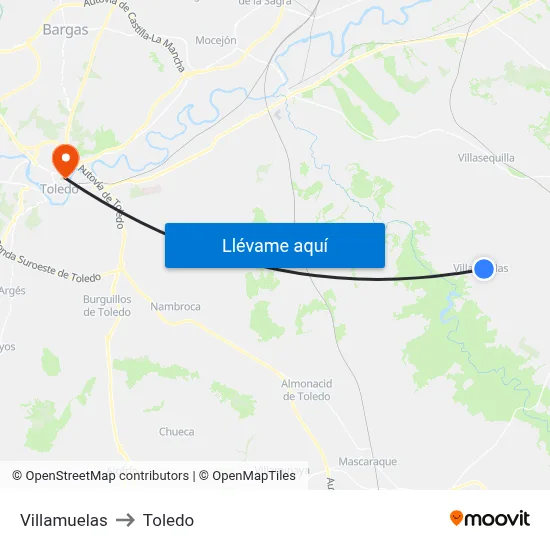 Villamuelas to Toledo map