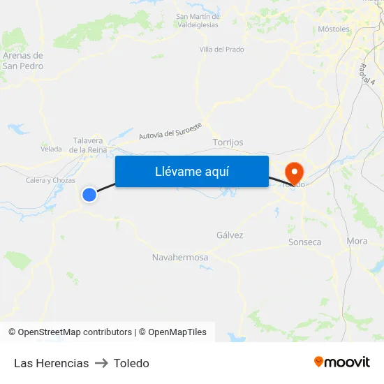 Las Herencias to Toledo map