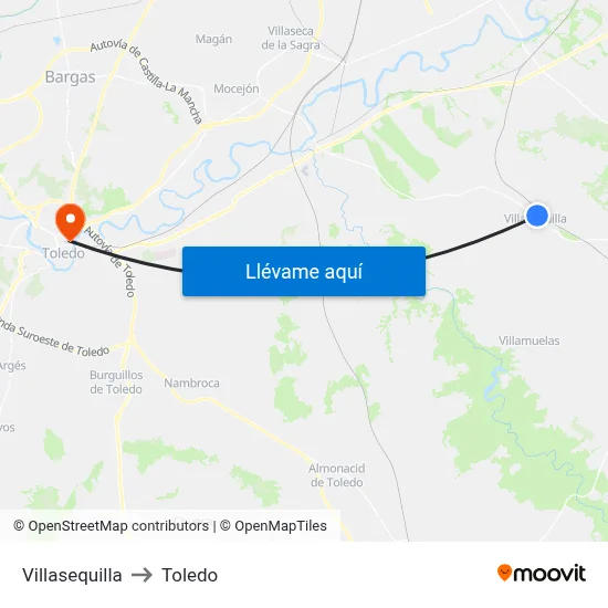 Villasequilla to Toledo map