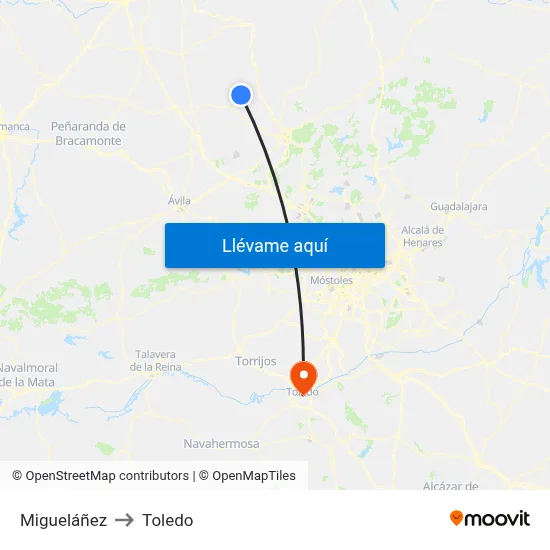 Migueláñez to Toledo map