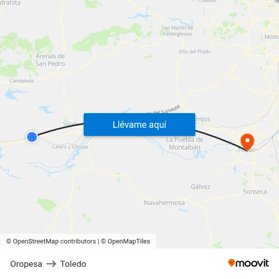 Oropesa to Toledo map