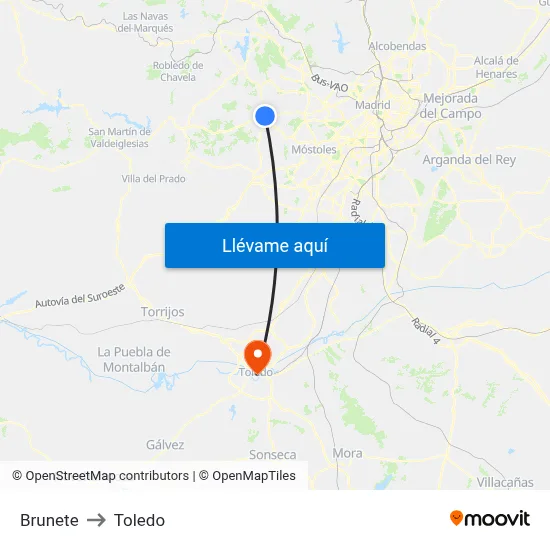 Brunete to Toledo map